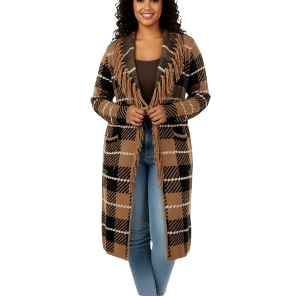 Adrienne Vittadini Fringed Plaid Cardigan/Open Front Duster Size 3X